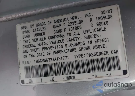 2007 Honda Accord 2.4 Se z USA, uszkodzony, nr VIN 1HGCM56327A181771